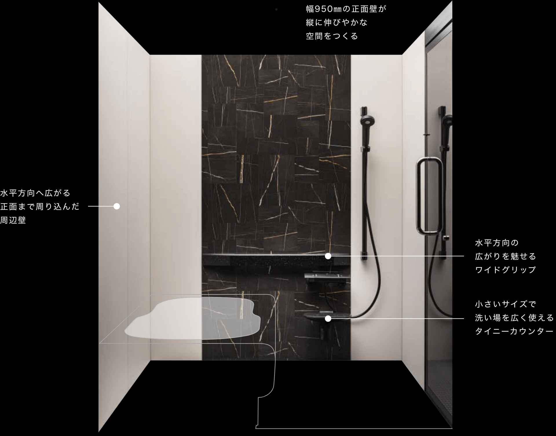 ①��950mm�̐��ʕǂ��c�ɐL�т₩�ȋ�Ԃ�����②���������֍L���鐳�ʂ܂Ŏ��荞�񂾎��ӕ�③���������̍L����𖣂��郏�C�h�O���b�v④�������T�C�Y�Ő􂢏���L���g����^�C�j�[�J�E���^�[